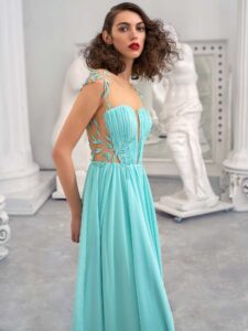 Style #648, chiffon sheath dress with an illusion plunging neckline and leaf embroidery; available in mint, ivory, white, powder pink, purple, black, yellow, green, sea green, blue, azure, pink, cherry, scarlet, peach, smoky