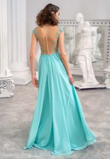 Style #648, chiffon sheath dress with an illusion plunging neckline and leaf embroidery; available in mint, ivory, white, powder pink, purple, black, yellow, green, sea green, dusty-turquoise, grey-blue, sky-blue, azure, pink, cherry, scarlet, peach, smoky
