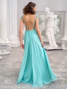 Style #648, chiffon sheath dress with an illusion plunging neckline and leaf embroidery; available in mint, ivory, white, powder pink, purple, black, yellow, green, sea green, blue, azure, pink, cherry, scarlet, peach, smoky