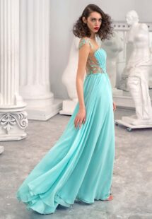 Style #648, chiffon sheath dress with an illusion plunging neckline and leaf embroidery; available in mint, ivory, white, powder pink, purple, black, yellow, green, sea green, dusty-turquoise, grey-blue, sky-blue, azure, pink, cherry, scarlet, peach, smoky