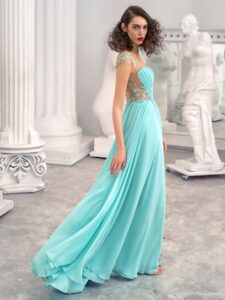 Style #648, chiffon sheath dress with an illusion plunging neckline and leaf embroidery; available in mint, ivory, white, powder pink, purple, black, yellow, green, sea green, blue, azure, pink, cherry, scarlet, peach, smoky