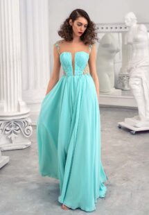 Style #648, chiffon sheath dress with an illusion plunging neckline and leaf embroidery; available in mint, ivory, white, powder pink, purple, black, yellow, green, sea green, dusty-turquoise, grey-blue, sky-blue, azure, pink, cherry, scarlet, peach, smoky