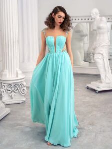 Style #648, chiffon sheath dress with an illusion plunging neckline and leaf embroidery; available in mint, ivory, white, powder pink, purple, black, yellow, green, sea green, blue, azure, pink, cherry, scarlet, peach, smoky