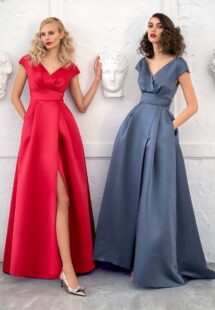 Style #650, satin A-line evening dress with keyhole back and pockets; available in steel-dark blue, raspberry, black, ivory, eggplant, violet