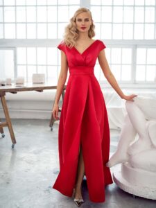 Style #650, satin A-line evening dress with keyhole back and pockets; available in steel-dark blue, raspberry, black, ivory, eggplant, violet