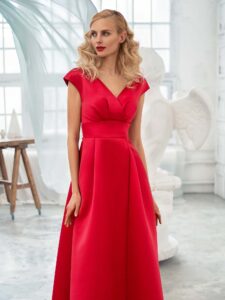 Style #650, satin A-line evening dress with keyhole back and pockets; available in steel-dark blue, raspberry, black, ivory, eggplant, violet