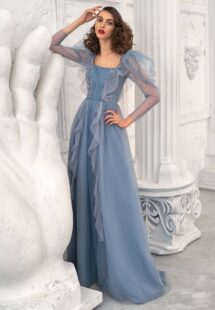 Style #651, long-sleeve A-line evening dress with ruffles and floral embroidery; available in powder, cherry, ivory, pink, purple, azure, grey-blue