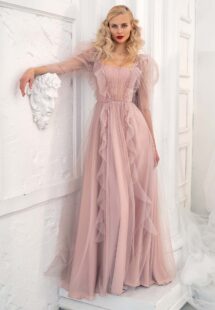 Style #651, long-sleeve A-line evening dress with ruffles and floral embroidery; available in powder, cherry, ivory, pink, purple, azure, grey-blue