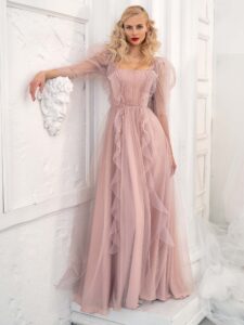Style #651, long-sleeve A-line evening dress with ruffles and floral embroidery; available in powder, cherry, ivory, pink, purple, azure, grey-blue