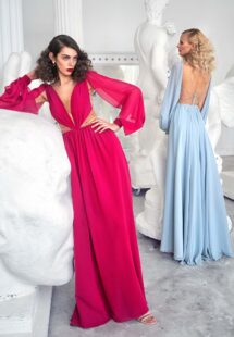 Style #652, long-sleeve chiffon evening gown with plunging neckline, illusion side cutouts and open back; available in berry, white, ivory, yellow, peach, powder, purple, scarlet, pink, cherry, mint, blue, azure, green, cornflower, smoky, black