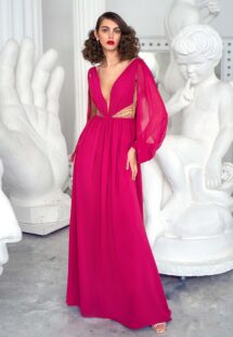 Style #652, long-sleeve chiffon evening gown with plunging neckline, illusion side cutouts and open back; available in berry, white, ivory, yellow, peach, powder, purple, scarlet, pink, cherry, mint, blue, azure, green, cornflower, smoky, black