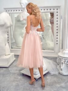 Style #656a, sleeveless A-line formal dress with floral lace top and flowy tulle skirt; available in midi or maxi length; in black-nude, black-powder, ivory, ivory-blue, ivory-powder