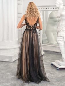 Style #656b, sleeveless A-line formal dress with floral lace top and flowy tulle skirt; available in midi or maxi length; in black-nude, black-powder, ivory, ivory-blue, ivory-powder