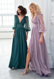 Style #657, chiffon sheath gown with balloon style lace sleeves and slit down the skirt; available with an open or closed back; in green, ivory, cherry, powder, purple, blue, black