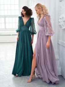 Style #657, chiffon sheath gown with balloon style lace sleeves and slit down the skirt; available with an open or closed back; in green, ivory, cherry, powder, purple, blue, black