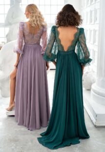 Style #657, chiffon sheath gown with balloon style lace sleeves and slit down the skirt; available with an open or closed back; in green, ivory, cherry, powder, purple, blue, black