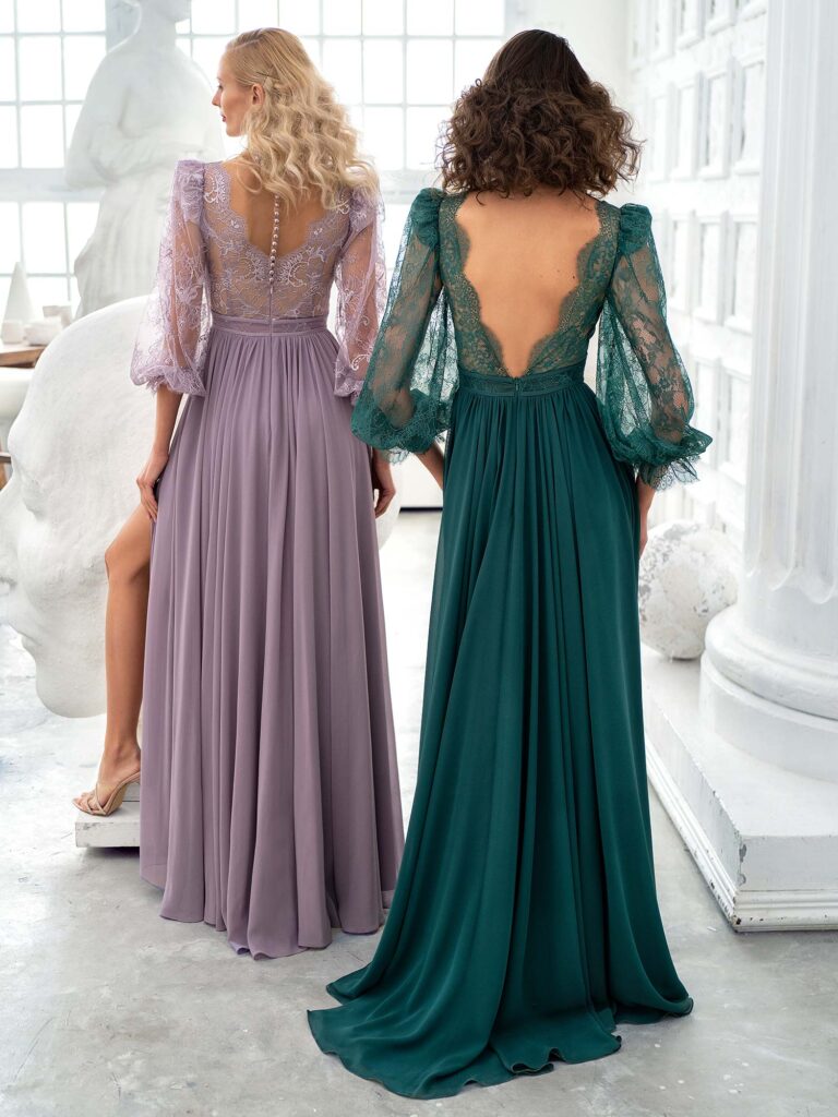 Style #657, chiffon sheath gown with balloon style lace sleeves and slit down the skirt; available with an open or closed back; in green, ivory, cherry, powder, purple, blue, black