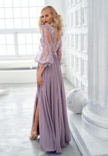 Style #657, chiffon sheath gown with balloon style lace sleeves and slit down the skirt; available with an open or closed back; in green, ivory, cherry, powder, purple, blue, black