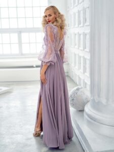 Style #657, chiffon sheath gown with balloon style lace sleeves and slit down the skirt; available with an open or closed back; in green, ivory, cherry, powder, purple, blue, black