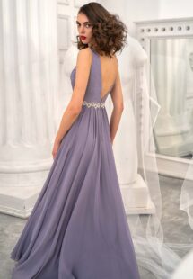 Style #658, chiffon evening dress with a plunging neckline, open back and beaded waistline; available in yellow, ivory, peach, grey-blue, black, smoky, green, dusty-turquoise, azure, cherry, mint, purple, powder