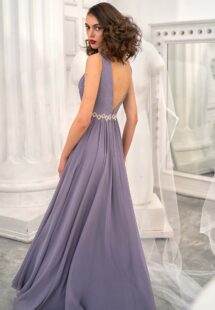 Style #658, chiffon evening dress with a plunging neckline, open back and beaded waistline; available in yellow, ivory, peach, blue, black, smoky, green, azure, cherry, mint, purple, powder