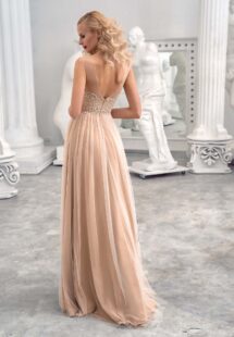 Style #659, A-line formal dress with illusion straight neckline, beaded top and V-back; available in pink, ivory, nude