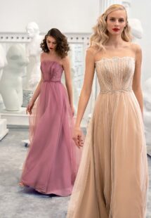 Style #659, A-line formal dress with illusion straight neckline, beaded top and V-back; available in pink, ivory, nude