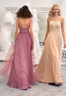 Style #659, A-line formal dress with illusion straight neckline, beaded top and V-back; available in pink, ivory, nude