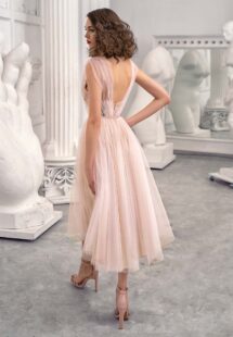 Style #660-1, tulle A-line evening dress with floral embroidered top and flowy skirt; available in midi or maxi length; in ivory-nude, pink-nude