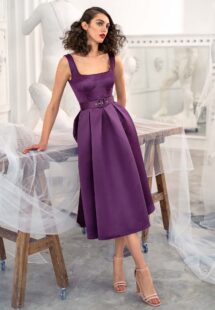 Style #662a, satin A-line cocktail dress with square neckline and pockets; available in midi or maxi length; in eggplant, ivory, raspberry, black, steel -dark blue, violet