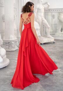 Style #664, chiffon sheath gown with flower embroidered straps and illusion V-back; available in azure, yellow, ivory, peach, grey-blue, black, green, dusty-turquoise, cherry, mint, purple, powder, smoky, sky-blue, berry, cornflower, scarlet, pink