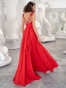 Style #664, chiffon sheath gown with flower embroidered straps and illusion V-back; available in azure, yellow, ivory, peach, blue, black, green, cherry, mint, purple, powder, smoky, berry, cornflower, scarlet, pink