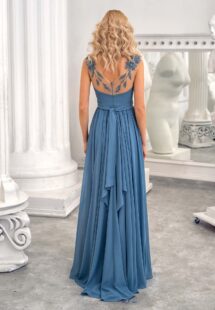 Style #664, chiffon sheath gown with flower embroidered straps and illusion V-back; available in azure, yellow, ivory, peach, grey-blue, black, green, dusty-turquoise, cherry, mint, purple, powder, smoky, sky-blue, berry, cornflower, scarlet, pink