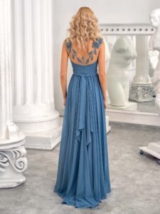 Style #664, chiffon sheath gown with flower embroidered straps and illusion V-back; available in azure, yellow, ivory, peach, blue, black, green, cherry, mint, purple, powder, smoky, berry, cornflower, scarlet, pink