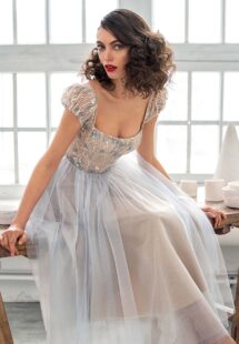 Style #669b, A-line cocktail dress with puffed sleeves and embroidered top; available in mini, midi or maxi length; in nude-blue, nude-pink