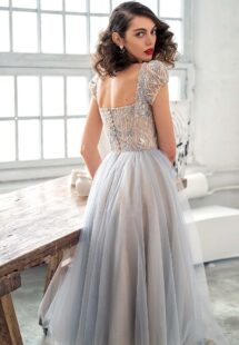 Style #669b, A-line cocktail dress with puffed sleeves and embroidered top; available in mini, midi or maxi length; in nude-blue, nude-pink