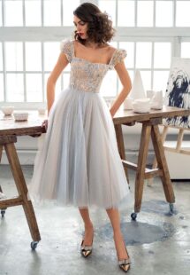 Style #669b, A-line cocktail dress with puffed sleeves and embroidered top; available in mini, midi or maxi length; in nude-blue, nude-pink