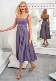 Style #672b, satin A-line cocktail dress with thick straps and square neckline; available in midi or maxi length; in violet, steel-dark blue, black, raspberry, ivory, eggplant