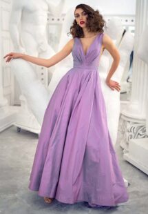 Style #673b, taffeta A-line gown with deep V-neckline and open back; available in midi or maxi length; in gold-grey, gold-orange, orange, purple, fenny, coral, pistachio-coloured, ivory