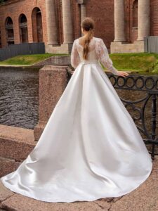 Style #2240L, A-line plus size wedding dress with long lace balloon sleeves