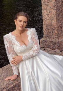 Style #2240L, A-line plus size wedding dress with long lace balloon sleeves; available in ivory