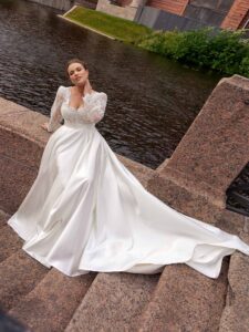 A-line plus size wedding dress with long lace balloon sleeves