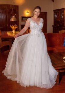 Style #2241L, Ball gown plus size wedding dress with short sleeves; available in ivory