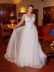 Ball gown plus size wedding dress with short sleeves