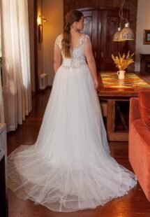 Style #2241L, Ball gown plus size wedding dress with short sleeves; available in ivory