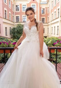 Style #2241L, Ball gown plus size wedding dress with short sleeves; available in ivory