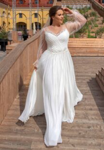 Style #2242L, Sheath chiffon plus size wedding dress with long sleeves; available in ivory