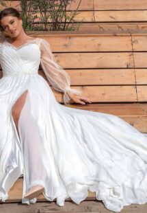 Style #2242L, Sheath chiffon plus size wedding dress with long sleeves; available in ivory