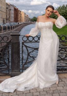 Style #2243L, Sparkling fit and flare plus size wedding dress with detachable balloon sleeves; available in ivory