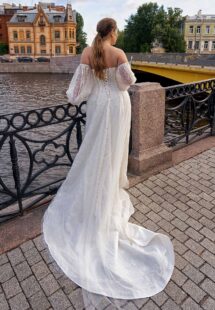 Style #2243L, Sparkling fit and flare plus size wedding dress with detachable balloon sleeves; available in ivory